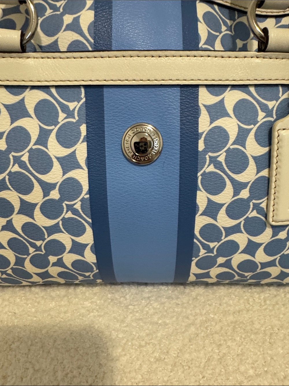 Coach Blue & White Signature Chelsea Stripe Satchel with Leather Trim Early 2010 - Picture 3 of 7